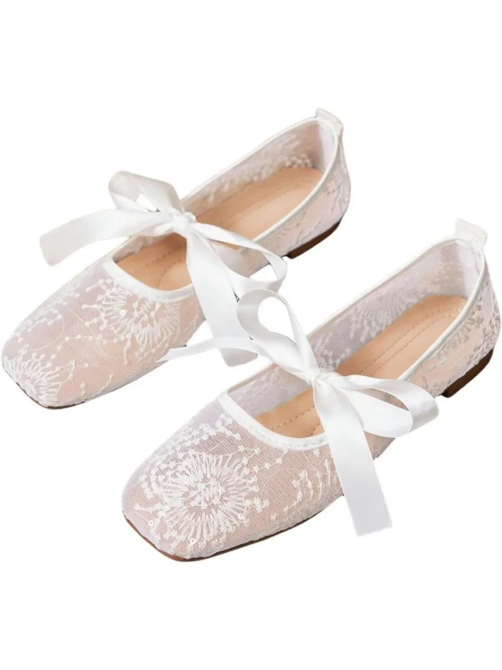 Women's White Flower Floral Lace Mesh Ballet Flats Square Toe Bow Dress Shoes